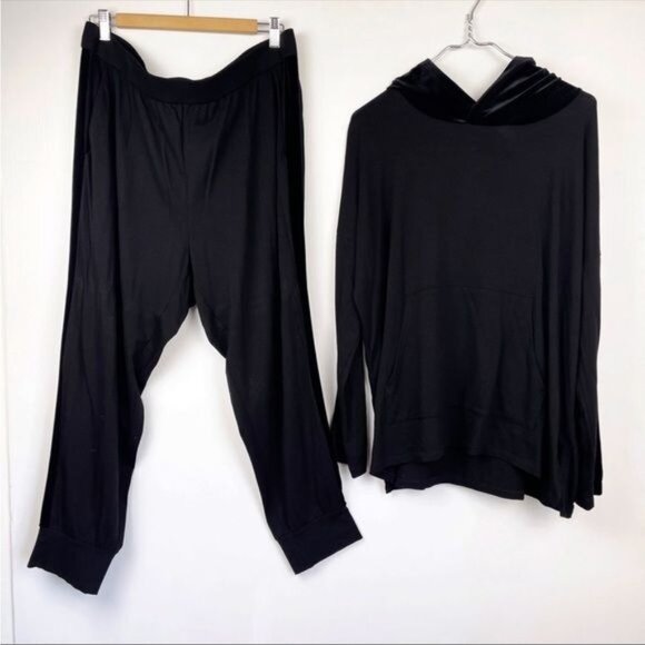 Eileen Fisher Black Tencel Terry Velvet Track Pants & Trim Hoodie set 2 pc Large - Picture 2 of 14